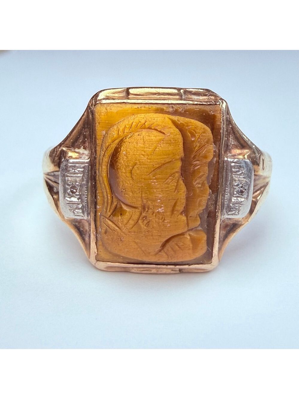 Estate 14K Gold Mens Diamond Intaglio Tiger Eye Warrior Cameo Antique Ring SZ 15